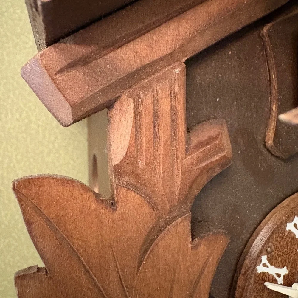Vtg Herbert Herr Cuckoo Clock Working Wood Black Forest Bird Leaf Brown